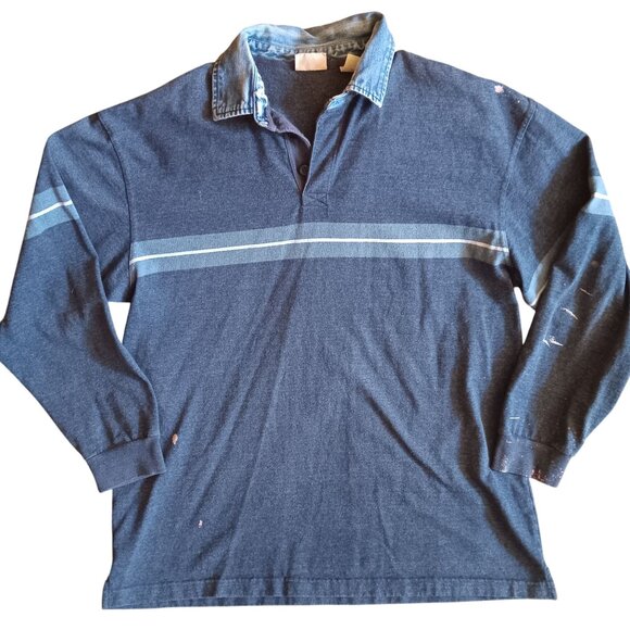 XLT Vintage Rugby Shirt St. Johns Bay Denim Collar Distress Paint 1990's Polo - Picture 1 of 7